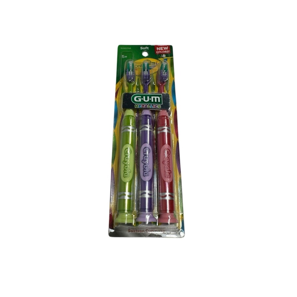 crayola kids GUM metallics toothbrushes 3 pack soft suction cup base